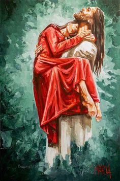 a painting of jesus holding the head of a woman with her arms wrapped around him