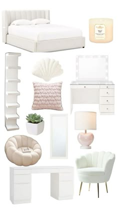 a bedroom with white furniture and accessories including a bed, chair, desk, mirror, lamp