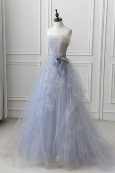 Gray Blue Lace Long Prom Dress Outfits For Girls Prom Dress Strapless, Lace Long Prom Dress, Blue Prom Dresses, Tulle Bows, Prom Dresses Blue, Evening Party Dress, Long Prom Dress, Evening Party, Prom Dresses Long