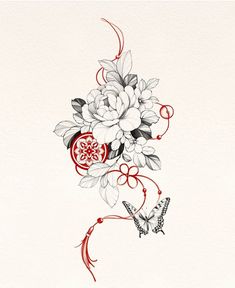 a drawing of flowers and butterflies on a white background with red accents, in the shape of a heart