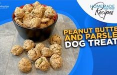 the peanut butter and parsley dog treats are in a black bowl on a table