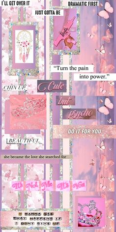 a collage of pink and purple images with words on them that say i'll get over it