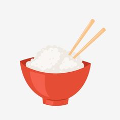 a red bowl filled with rice and two wooden chopsticks on top of it