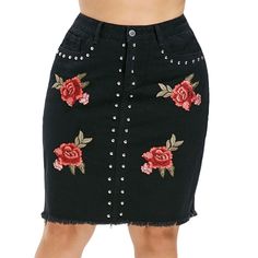 Plus Size Rivet Embellished Embroidery Denim Skirt - Black - 3J70423513 - Women's Clothing  #WomensClothing #Women's #Clothing Denim Skirt Black, Embroidery Denim, Spandex Dress, Fashion Plus Size, Trendy Plus Size Clothing, Hem Skirt, Plus Size Skirts, Knee Length Skirt, Trendy Plus Size