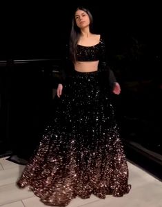 Black velvet heavy sequence work designer lehenga choli Black Shimmer Lehenga, Sequence Gown Design, Black Lehenga Party Wear, Sequence Gown, Printed Long Gowns, Wedding Lehenga Choli, Black Sparkle Dress, Designer Sarees Wedding