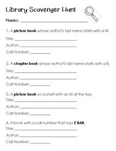 the library scavenger hunt worksheet for students to practice reading and writing