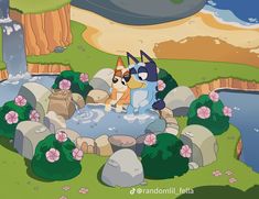 two cartoon dogs sitting on top of a rock in front of a pond with flowers