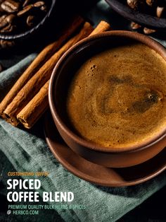 a cup of spiced coffee blend with cinnamon sticks