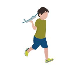 a boy is running with a toy airplane on his shoulders and head tilted to the side