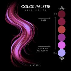 the color palette for hair is shown in purple and pink tones, with an arrow pointing to