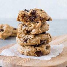 chocolate chip cookies stacked on top of each other