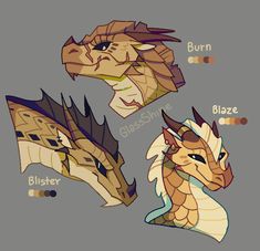 three different types of dragon heads, one with horns and the other with long hair