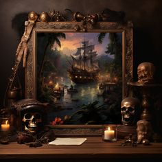 there is a painting on the table with skulls and candles