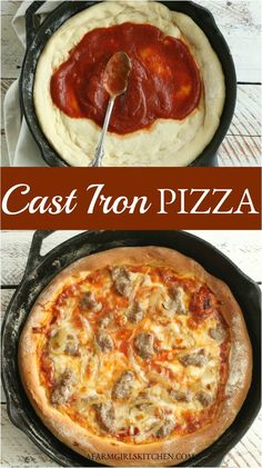 Homemade pizza in cast iron skillet with golden browned cheese and crust. Pizza Cast Iron, Chewy Pizza Dough, Cast Iron Recipes Dinner, Cast Iron Pizza Recipe, Cast Iron Skillet Recipes Dinner, Cast Iron Skillet Pizza, The Best Homemade Pizza, Perfect Homemade Pizza, Homemade Pizza Recipe