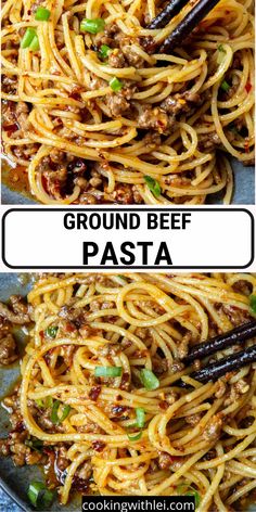 ground beef pasta in a skillet with chopsticks on the side and an image of