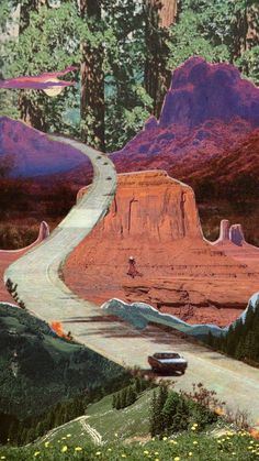 a painting of cars driving down a winding road in the mountains with trees on both sides