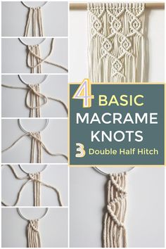 the instructions for macrame knoted wall hangings are shown in four different pictures