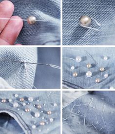 four pictures showing how to sew jeans with pearls