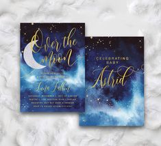 two purple and gold wedding cards with the words over the moon on them, against a white background