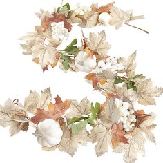 the letter s is made up of leaves and acorns with white flowers on them