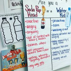 a bulletin board with different types of sodas and water bottles attached to the wall