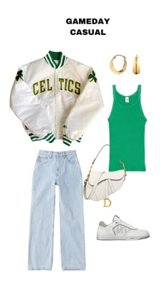 Womens Nba Game Outfit, Boston Celtics Game Outfit Women, Gameday Outfit Basketball, Boston Celtics Outfit Woman, Trendy Gameday Outfit, Green Gameday Outfit