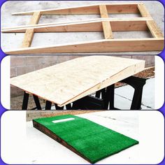 two pictures showing the different stages of building a table with wood and artificial turf on it