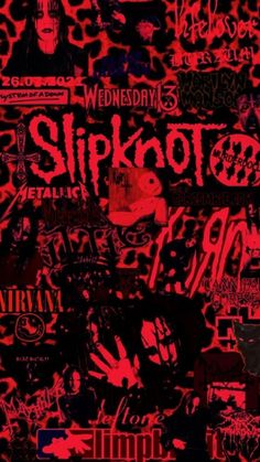 red and black wallpaper with various stickers all over it, including the words slipknots