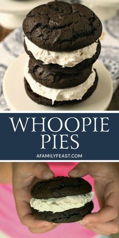 chocolate whoopie pies are stacked on top of each other with whipped cream