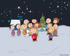 a group of cartoon characters standing in front of a christmas tree with stars on the sky