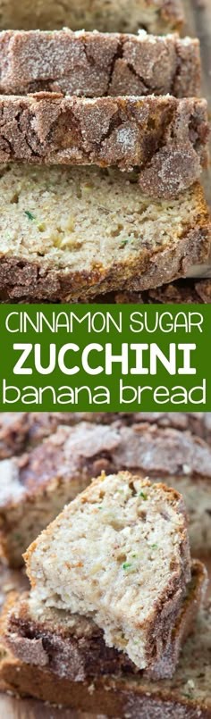 cinnamon sugar zucchini bread is cut in half and stacked on top of each other