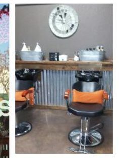 there are two pictures of the inside of a barbershop, one with chairs