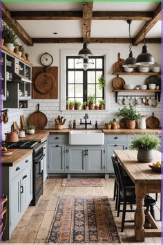 Discover the perfect blend of rustic charm and modern style with our 20 Boho Farmhouse Kitchen Ideas. Get inspired by unique decor, antique finds, and clever DIY projects that transform your kitchen into a cozy retreat. Start planning your dream kitchen today and get ready to fall in love with the beauty of bohemian chic! Rustic Boho Cottage Decor, Home Inspo Modern Farmhouse, Cozy Modern Kitchen Ideas, Rustic Antique Kitchen, Home Renovation Ideas Kitchen, Farmhouse Chic House, Antique Kitchen Design, Interior Antique Modern, Modern Homestead Kitchen