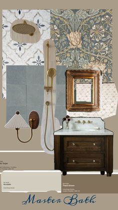 the bathroom is decorated in shades of blue, beige and white with an antique sink