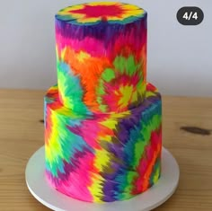 a multi - colored tie dye cake on a white plate