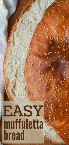 a close up of a bagel on a wooden table with the words easy muffineta bread