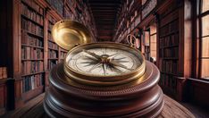 an old fashioned compass sitting on top of a wooden table in a room full of books