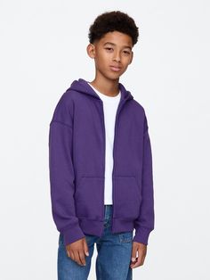 Soft cotton-blend hoodie.  Hooded neckline.  Long sleeves with banded cuffs.  Zipper-front closure.  Kanga pockets.  Banded hem.  Fit: Relaxed.  A straight & easy fit with a relaxed sleeve.  For a Classic fit, go down one Support People, Vintage Soft, Gap Kids, Vintage Children, Front Zipper, Zip Hoodie, Gap, Cotton Blend, Crown