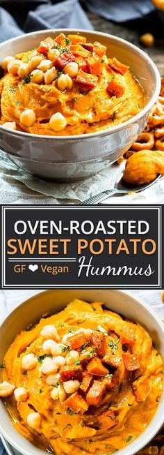 an image of sweet potato hummus in a bowl with the title overlay reading oven roasted sweet potato hummus