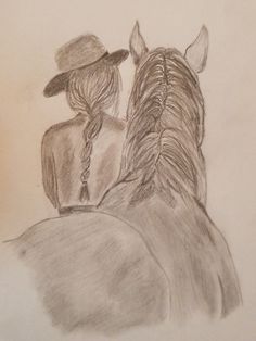 a pencil drawing of a woman riding on the back of a horse with a cowboy hat