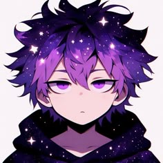 an anime character with purple hair and stars on his head, staring at the camera