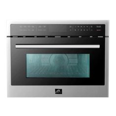 an oven with the door open and its light on in stainless steel finish, front view