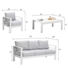 two white couches are shown with measurements for each seat and the other one has a coffee table on it