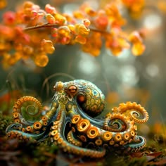 an octopus is sitting on the ground in front of some orange and yellow flowers,