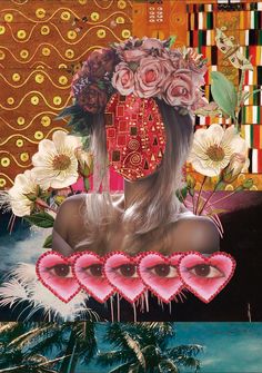 an image of a woman with flowers on her head and hearts in front of her face