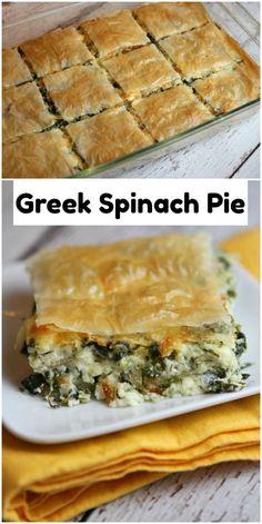 two different views of a casserole dish with spinach and cheese on top