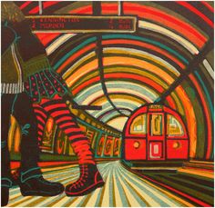 a painting of a person standing in a train station with their feet on the ground