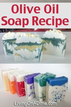 four soap bars with different colors on them and the words olive oil soap recipe written below