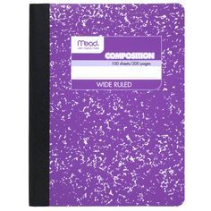 a purple notebook with the words compoision on it and white speckles