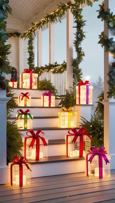 lighted presents on the steps decorated for christmas